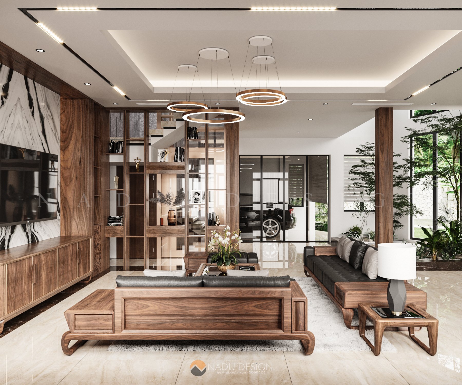 Thiết kế nội thất nhà phố Bắc Giang phong cách hiện đại gỗ óc chó
